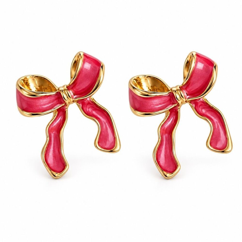 Coquette Pink Enamel Bow Stud Earrings Gold Tone Statement .5” New